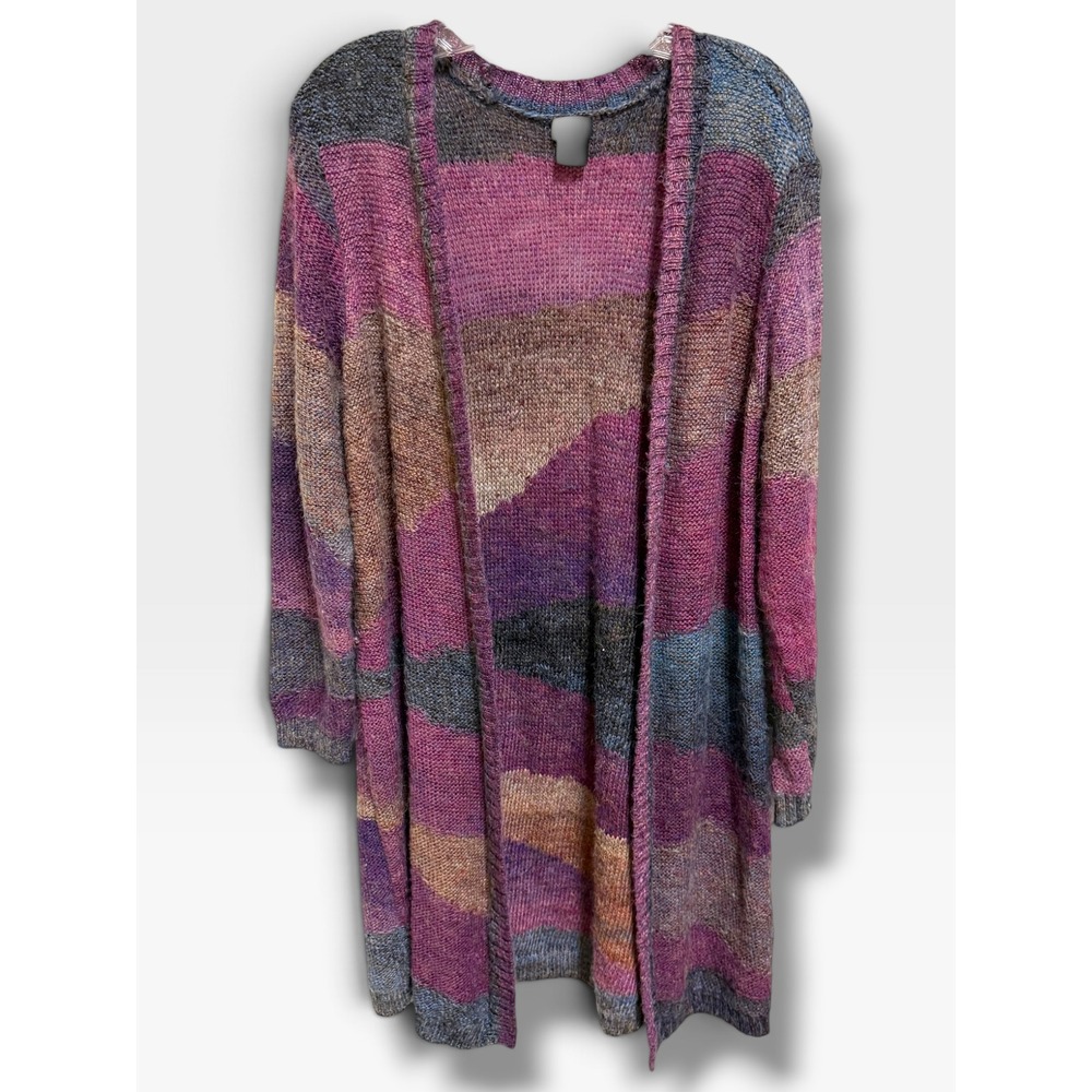 Chico's Purple Abstract Colorblock Open Front Duster Cardigan Wool Blend Size 2